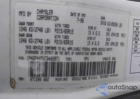 1996 Plymouth Grand Voyager Se из США, поврежденный, VIN 1P4GP44RXTB499971